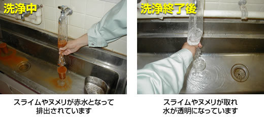 オゾン水洗浄中の蛇口から出てくる水の様子
